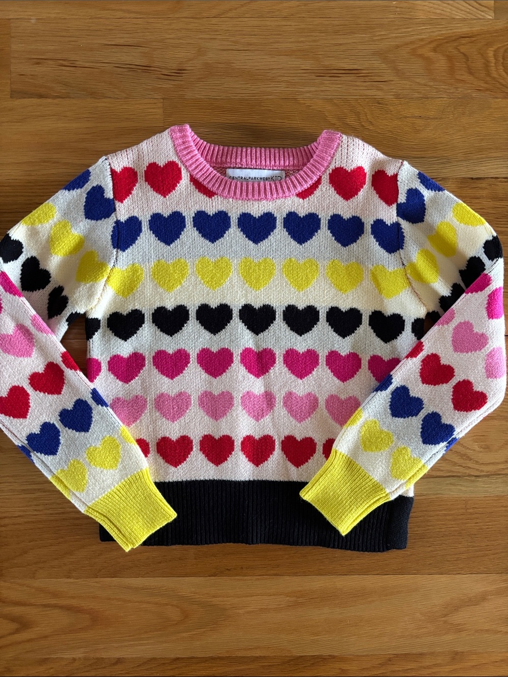 Central Park West Multicolor Heart Sweater with Pink Trim